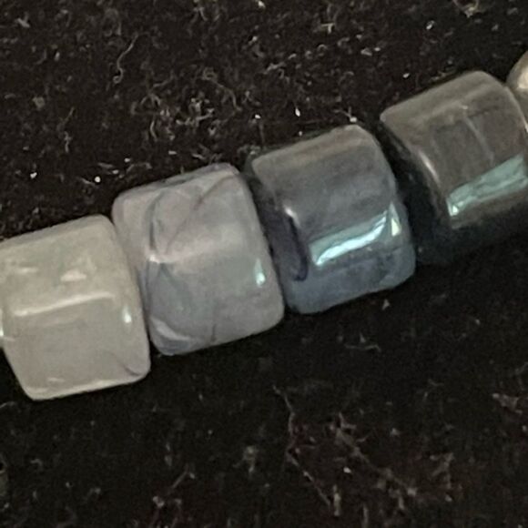 Blue, gray, white, & black beaded First Communion stretch bracelet w/charm - Picture 4 of 8